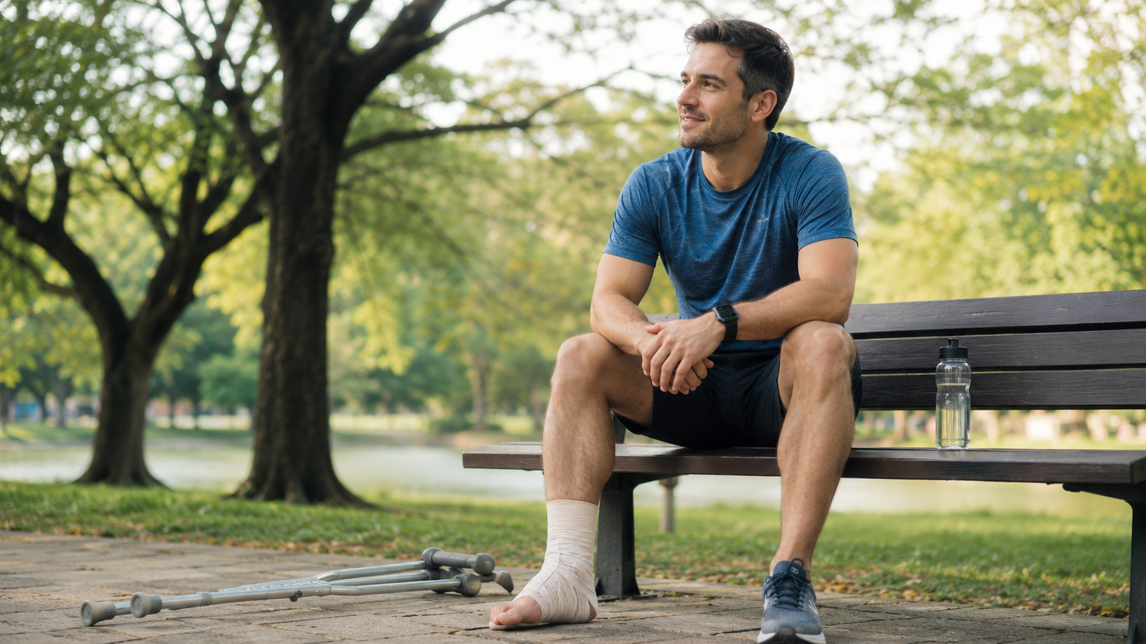 Pessoa em recuperação após lesão, sentada num parque.