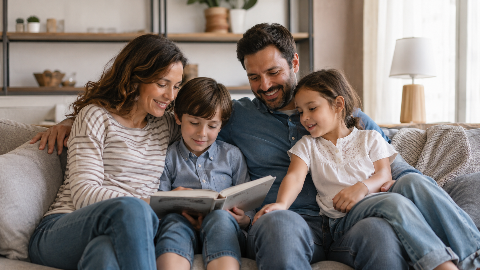 Família em ambiente acolhedor de leitura e tranquilidade.