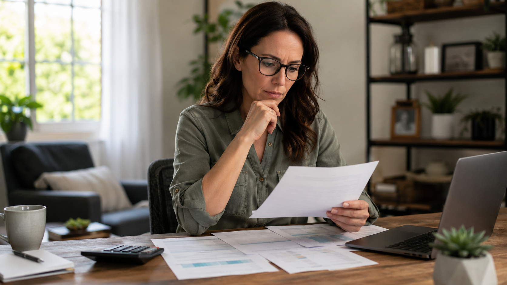 Mulher a analisar informação num ambiente de trabalho tranquilo.